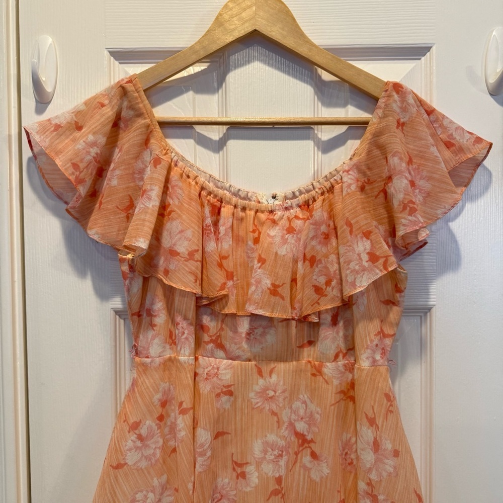 Vintage 70s Maxi Tiered Women’s Small Pink Floral Ruffle Off Shoulder Coquette - Picture 4 of 10